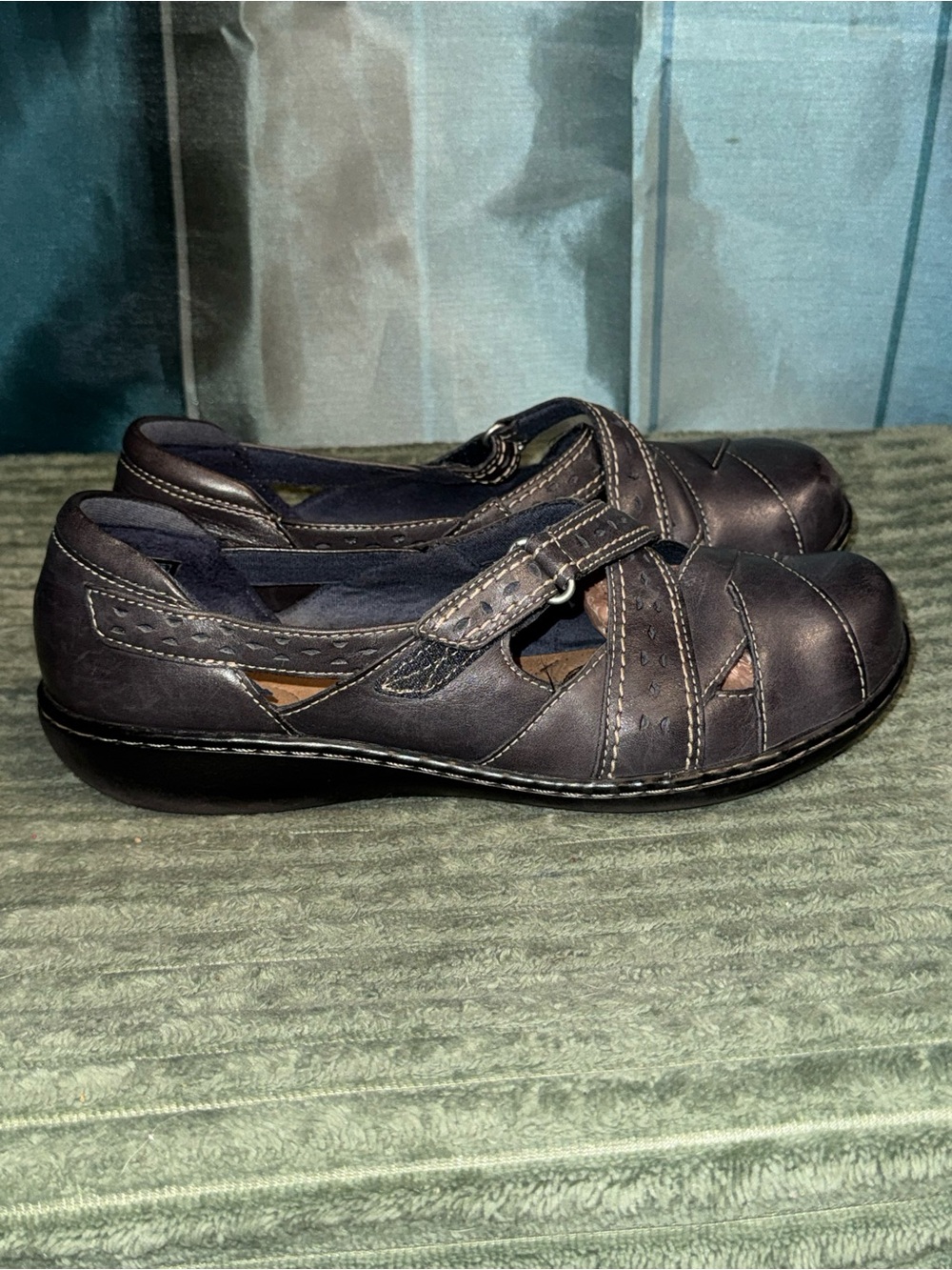 Clarks Gray Leather Slip-On Mary Jane Loafers